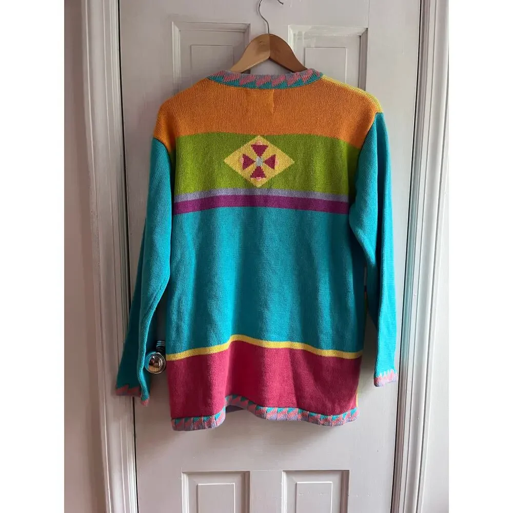 Storybook Knits Colorful Lizard Gecko Vintage Cardigan Sweater Beaded Neon Sz L